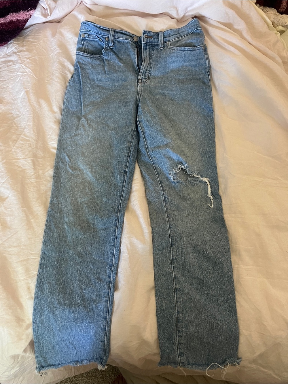 Madewell Light Blue Cropped Straight Jeans with Knee Distress